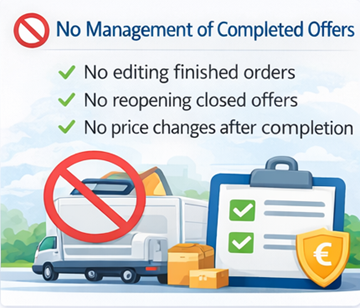 Εικονογράφηση που δείχνει ότι οι οδηγοί δεν μπορούν να επεξεργαστούν ή να ανοίξουν ξανά ολοκληρωμένες προσφορές μεταφοράς στην πλατφόρμα ExusTrans